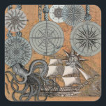 Compass Rose Vintage Nautical Octopus Ship Square Sticker<br><div class="desc">A vintage collection of old compass rose drawings,  a nautical sailing ship,  and of course a really big octopus sea monster. A classic old world sailing theme. Vintage artwork print drawing collage.</div>