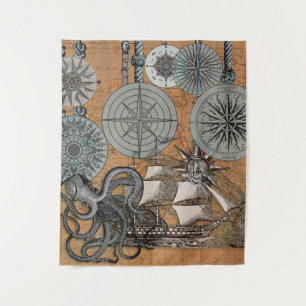 Compass Rose Vintage Nautical Octopus Ship Tapestry