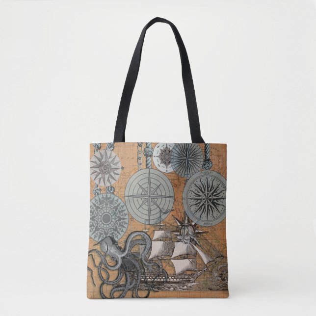 Compass Rose Vintage Nautical Octopus Ship Tote Bag (Front)