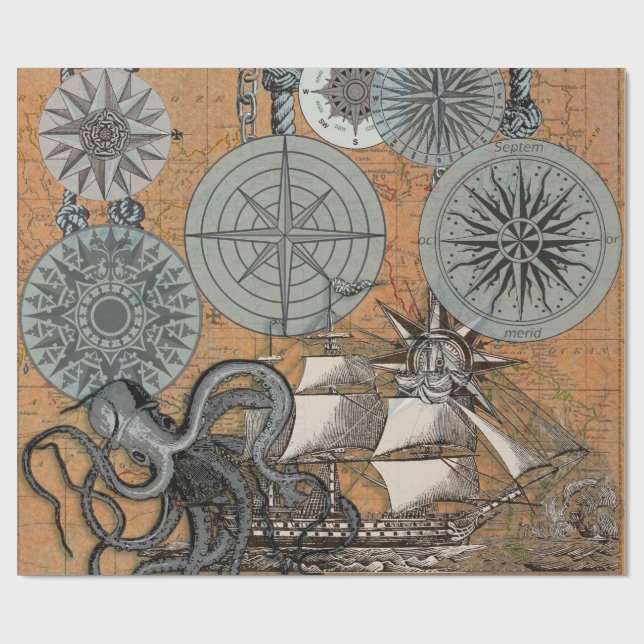 Compass Rose Vintage Nautical Octopus Ship Wrapping Paper (Flat)