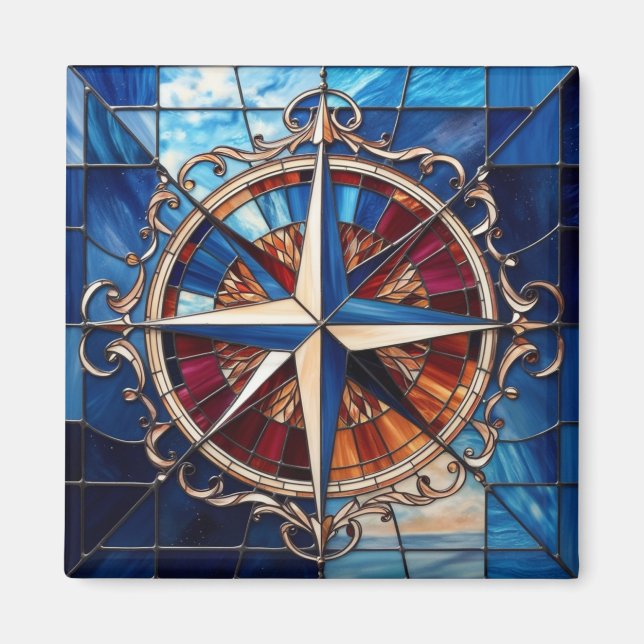 Compass Rose with Scroll Border Stained-Glass Look Magnet (Front)