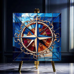 Compass Rose with Scroll Border Stained-Glass Look Tile<br><div class="desc">The Compass Rose with Scroll Border Stained-Glass Look Tile features the Compass Rose design in blues and silver on a background of blues, amber and reds with an elegant scroll border in antique silver. This tile has a stained-glass look style. There are many wonderful applications for these beautiful tiles. Available...</div>