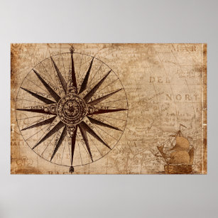 Compass Sailing Ship Discovery Age World Map Poster