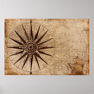Compass Sailing Ship Discovery Age World Map Poster