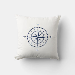 Compass Star Blue and White Nautical Cushion