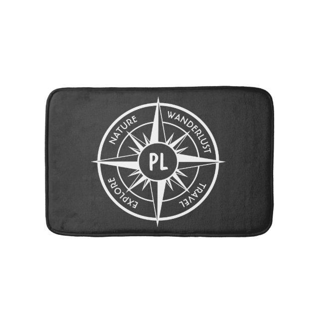 Compass star emblem monogram black and white bath mat (Front)