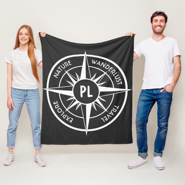 Compass star emblem monogram black and white fleece blanket (In Situ)