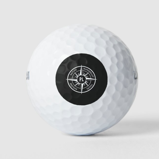 Compass star emblem monogram black and white golf balls (Front)