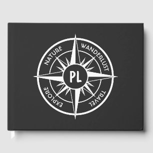 Compass star emblem monogram black and white guest book