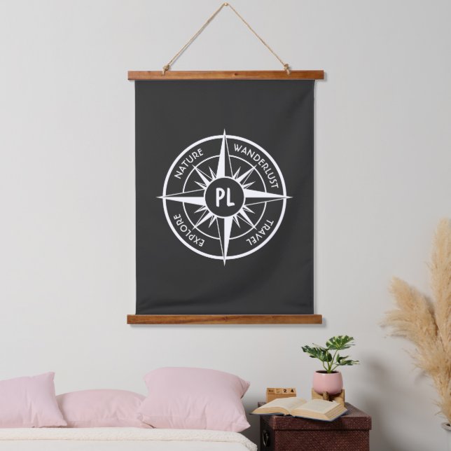 Compass star emblem monogram black and white hanging tapestry (Bedroom)