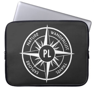 Compass star emblem monogram black and white laptop sleeve