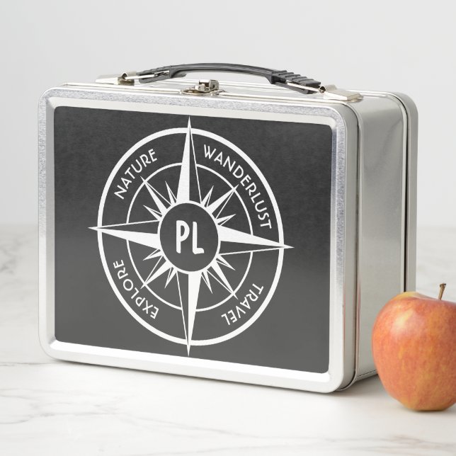 Compass star emblem monogram black and white metal lunch box (In Situ)