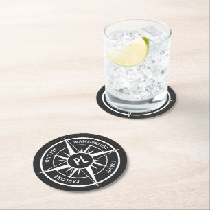 Compass star emblem monogram black and white round paper coaster