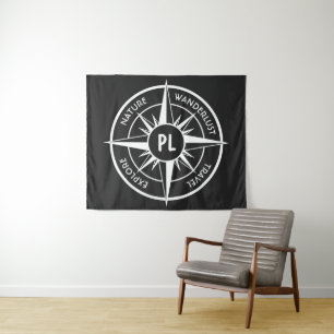 Compass star emblem monogram black and white tapestry