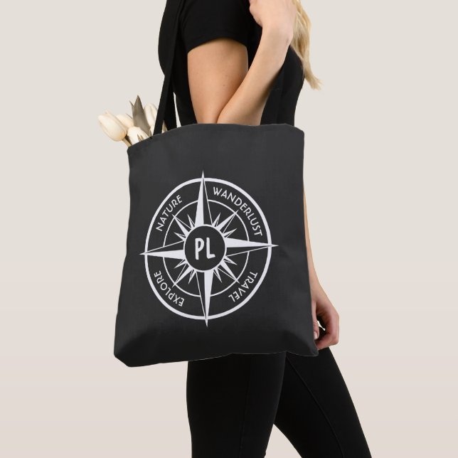 Compass star emblem monogram black and white tote bag (Close Up)