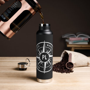 Compass star emblem monogram black and white water bottle