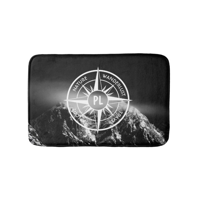 Compass star emblem monogram dramatic mountains bath mat (Front)