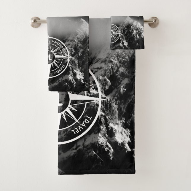 Compass star emblem monogram dramatic mountains bath towel set (Insitu)
