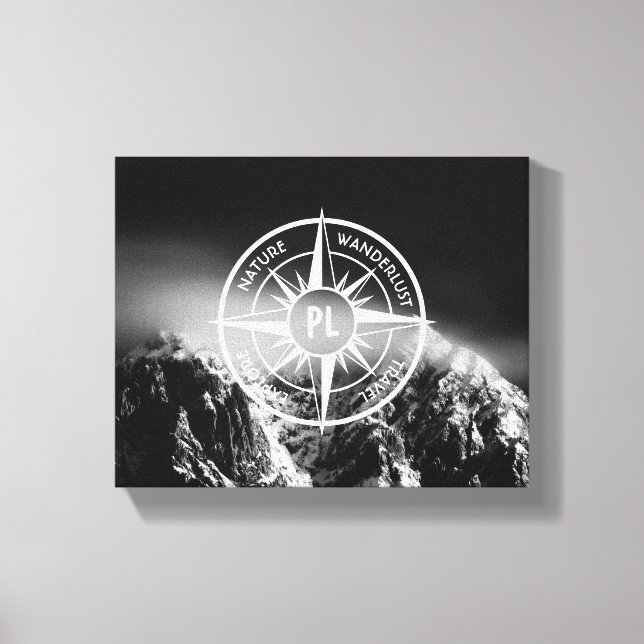 Compass star emblem monogram dramatic mountains canvas print (Front)