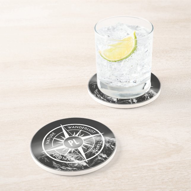 Compass star emblem monogram dramatic mountains coaster (Side)