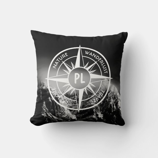Compass star emblem monogram dramatic mountains cushion (Front)