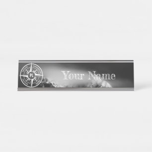 Compass star emblem monogram dramatic mountains desk name plate