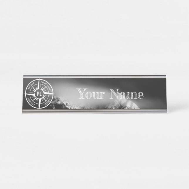 Compass star emblem monogram dramatic mountains desk name plate (Front)