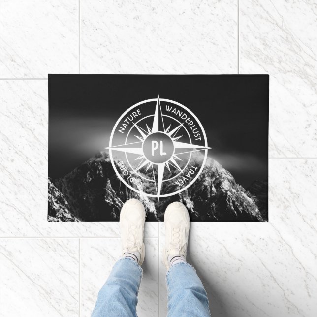 Compass star emblem monogram dramatic mountains doormat (Indoor)