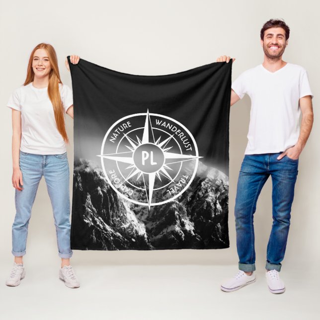 Compass star emblem monogram dramatic mountains fleece blanket (In Situ)