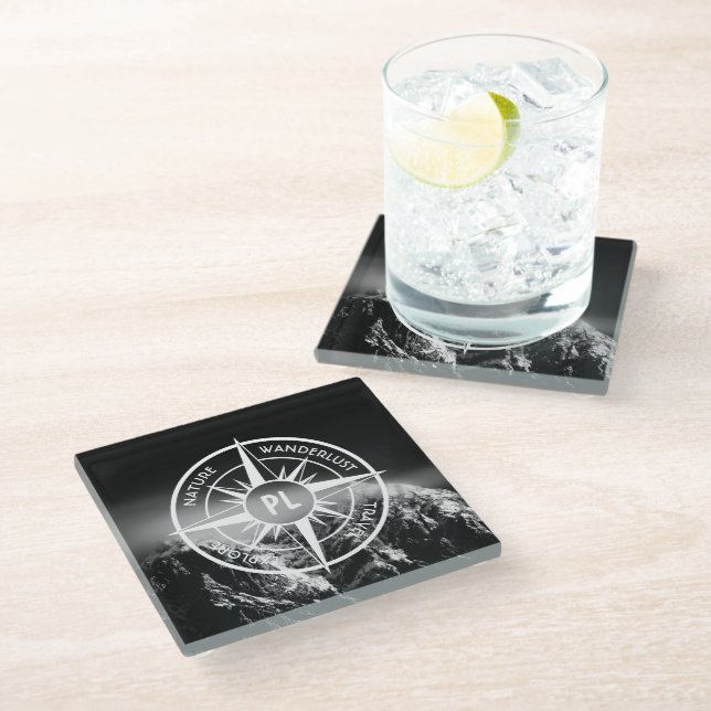 Compass star emblem monogram dramatic mountains glass coaster (Angled)