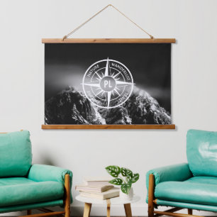 Compass star emblem monogram dramatic mountains hanging tapestry