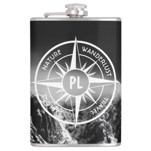 Compass star emblem monogram dramatic mountains hip flask