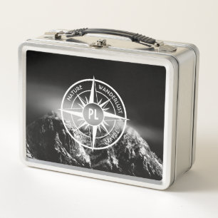 Compass star emblem monogram dramatic mountains metal lunch box