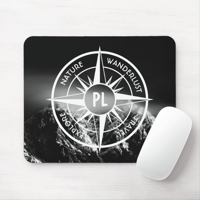Compass star emblem monogram dramatic mountains mouse pad (With Mouse)
