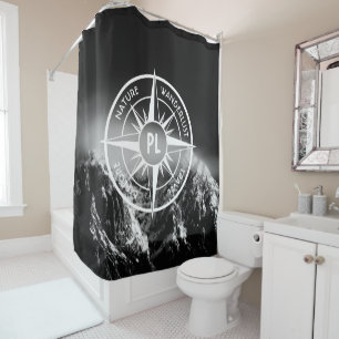 Compass star emblem monogram dramatic mountains shower curtain