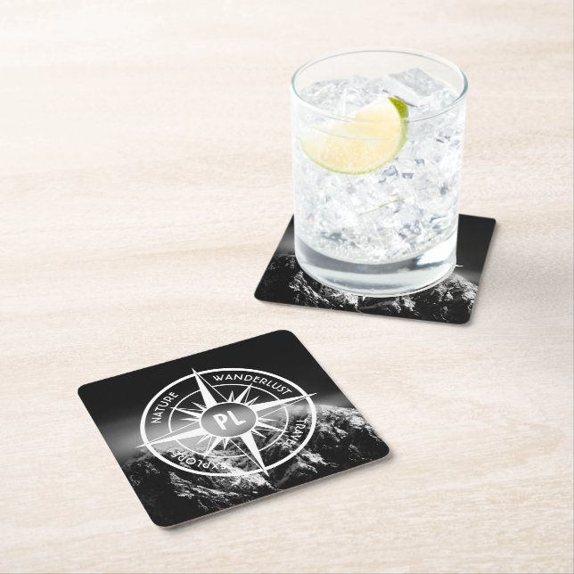 Compass star emblem monogram dramatic mountains square paper coaster (Insitu)
