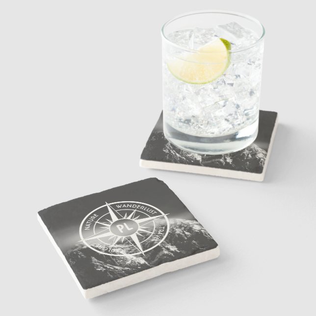 Compass star emblem monogram dramatic mountains stone coaster (Side)