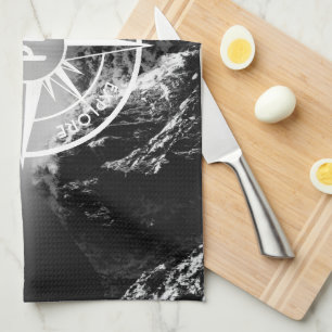 Compass star emblem monogram dramatic mountains tea towel