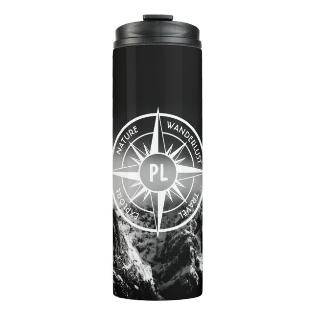 Compass star emblem monogram dramatic mountains thermal tumbler (Front)