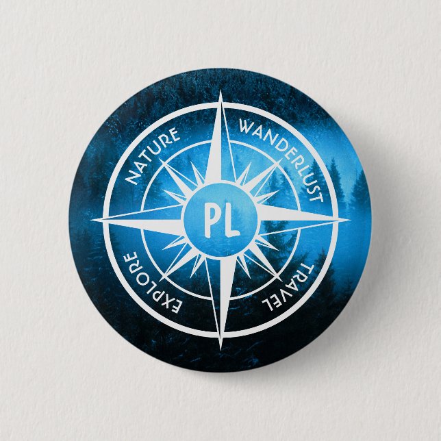 Compass star emblem monogram fog in spruce forest 6 cm round badge (Front)
