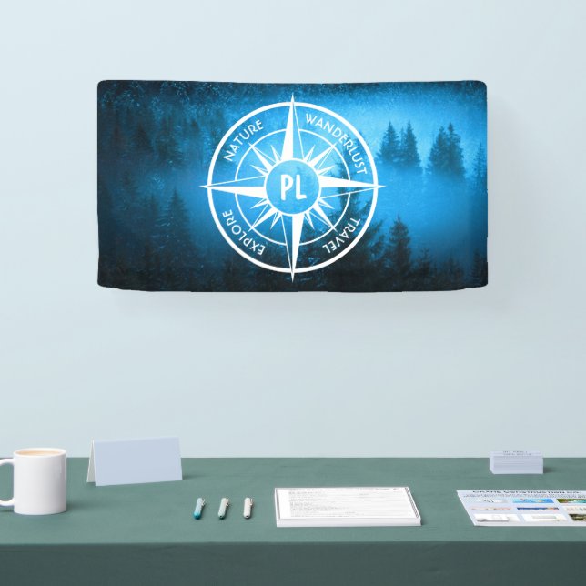 Compass star emblem monogram fog in spruce forest banner (Tradeshow)