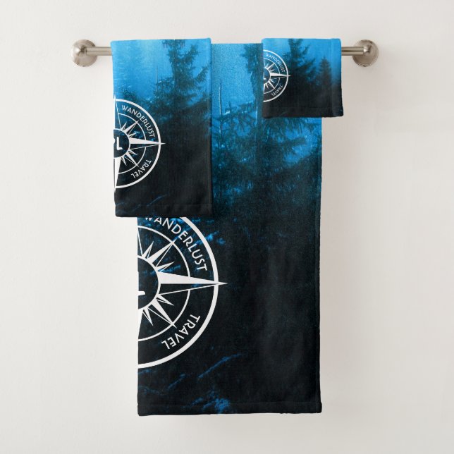 Compass star emblem monogram fog in spruce forest bath towel set (Insitu)