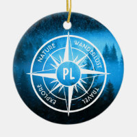 Compass star emblem monogram fog in spruce forest