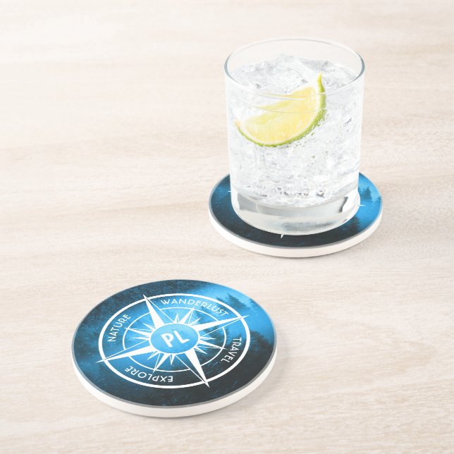 Compass star emblem monogram fog in spruce forest coaster (Side)