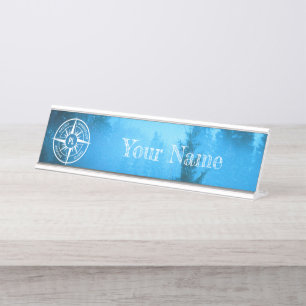 Compass star emblem monogram fog in spruce forest desk name plate