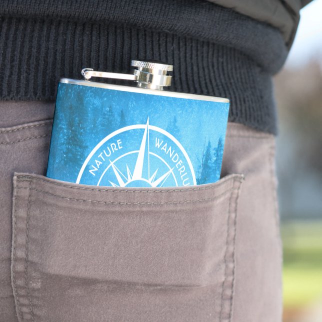 Compass star emblem monogram fog in spruce forest hip flask (In Situ)