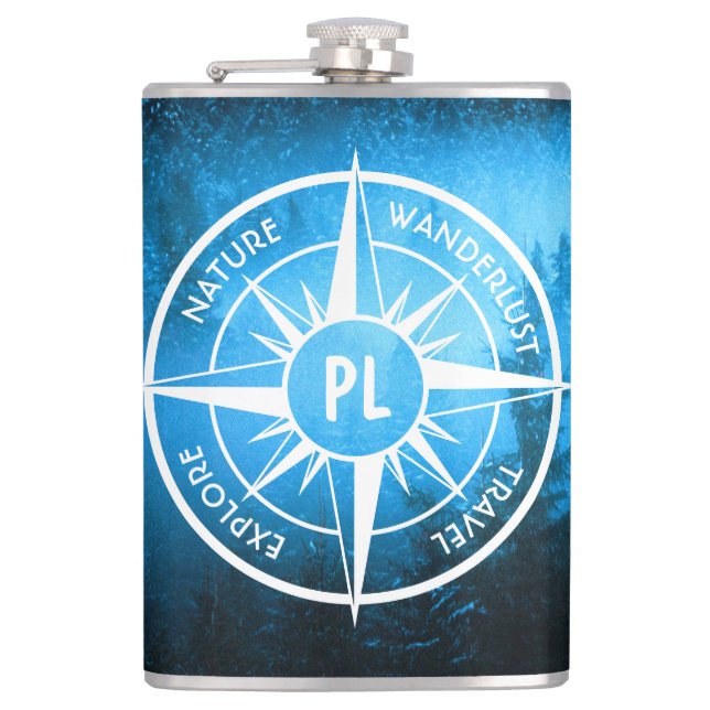 Compass star emblem monogram fog in spruce forest hip flask (Front)
