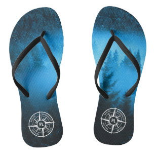 Compass star emblem monogram fog in spruce forest jandals