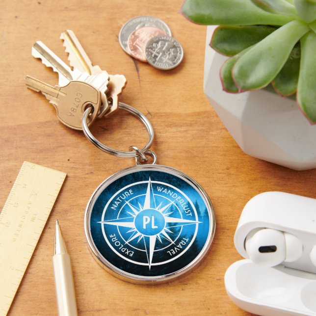 Compass star emblem monogram fog in spruce forest key ring (Desk)