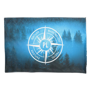 Compass star emblem monogram fog in spruce forest pillowcase